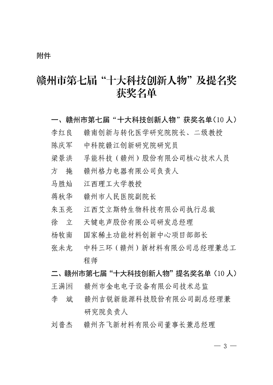 赣州齐飞刘普杰荣获市第七届“十大科技创新人物”提名奖
